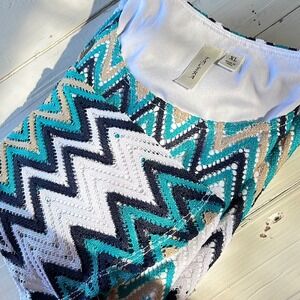 Tacera Womens XL Chevron  Bell Sleeve Tunic Dress Teal Navy